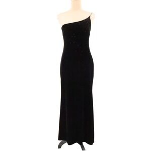 Rampage Vintage 90s Y2K Velvet Maxi Dress Size M Black Rhinestone One Shoulder